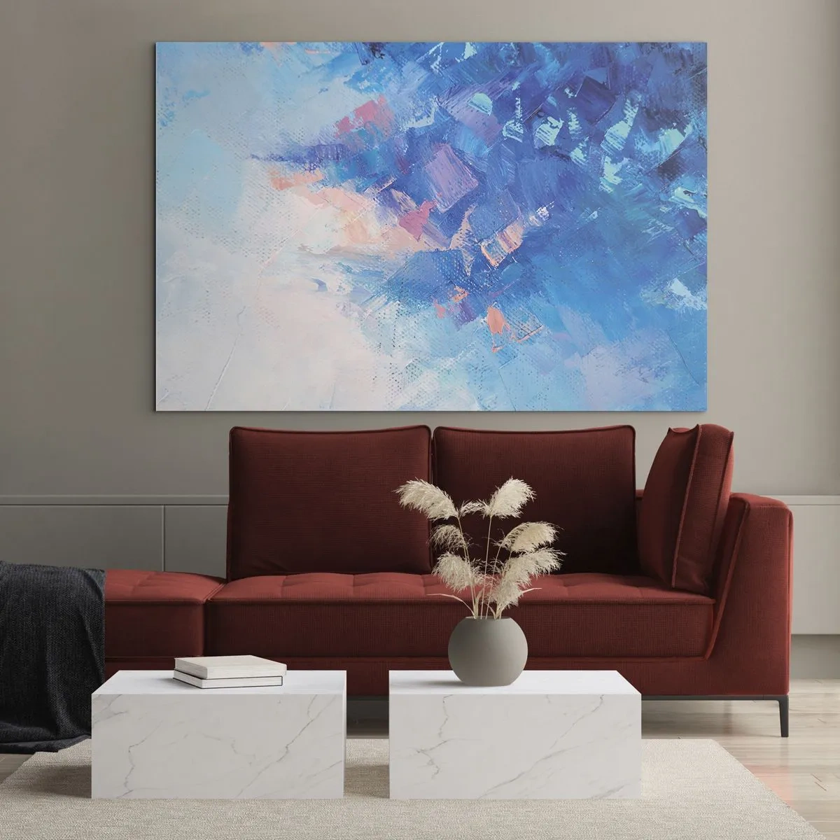 Tablou pe sticlă - Peisaj abstract de iarnă cu nuanțe reci de albastru și roz pal - 70x50cm - Abstracție de iarnă - Decorațiune modernă pentru perete pentru living și dormitor ARTTOR