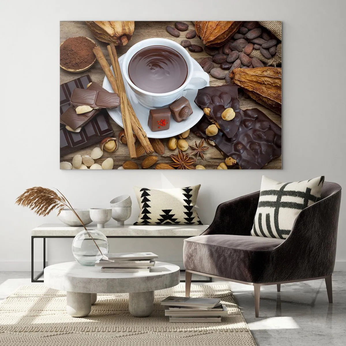 Tablou pe sticlă - O ceașcă de ciocolată caldă cu toppinguri pe un fundal rustic - 70x50cm - De la fabrica de ciocolată de basm - Decorațiune modernă pentru perete pentru living și dormitor ARTTOR