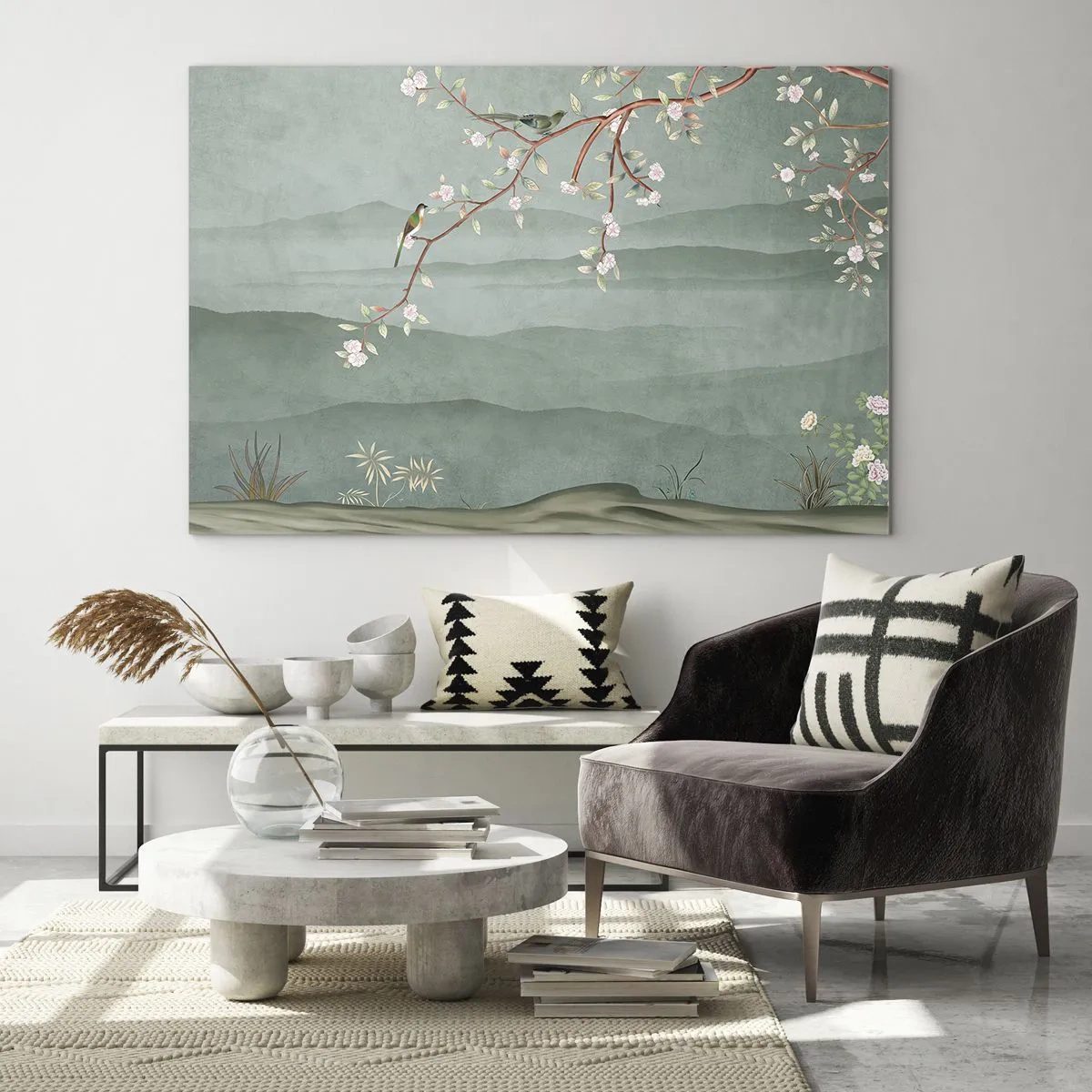 Tablou pe sticlă - O creangă cu flori și păsări pe un fundal de dealuri verzi - 70x50cm - Primăvara, ah, tu ești - Decorațiune modernă pentru perete pentru living și dormitor ARTTOR