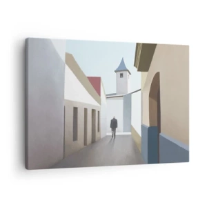 Tablou pe pânză Canvas - O stradă minimalistă cu silueta unui bărbat în fundal - 70x50cm - Plimbare însorită - Decorațiune modernă pentru perete pentru living și dormitor ARTTOR