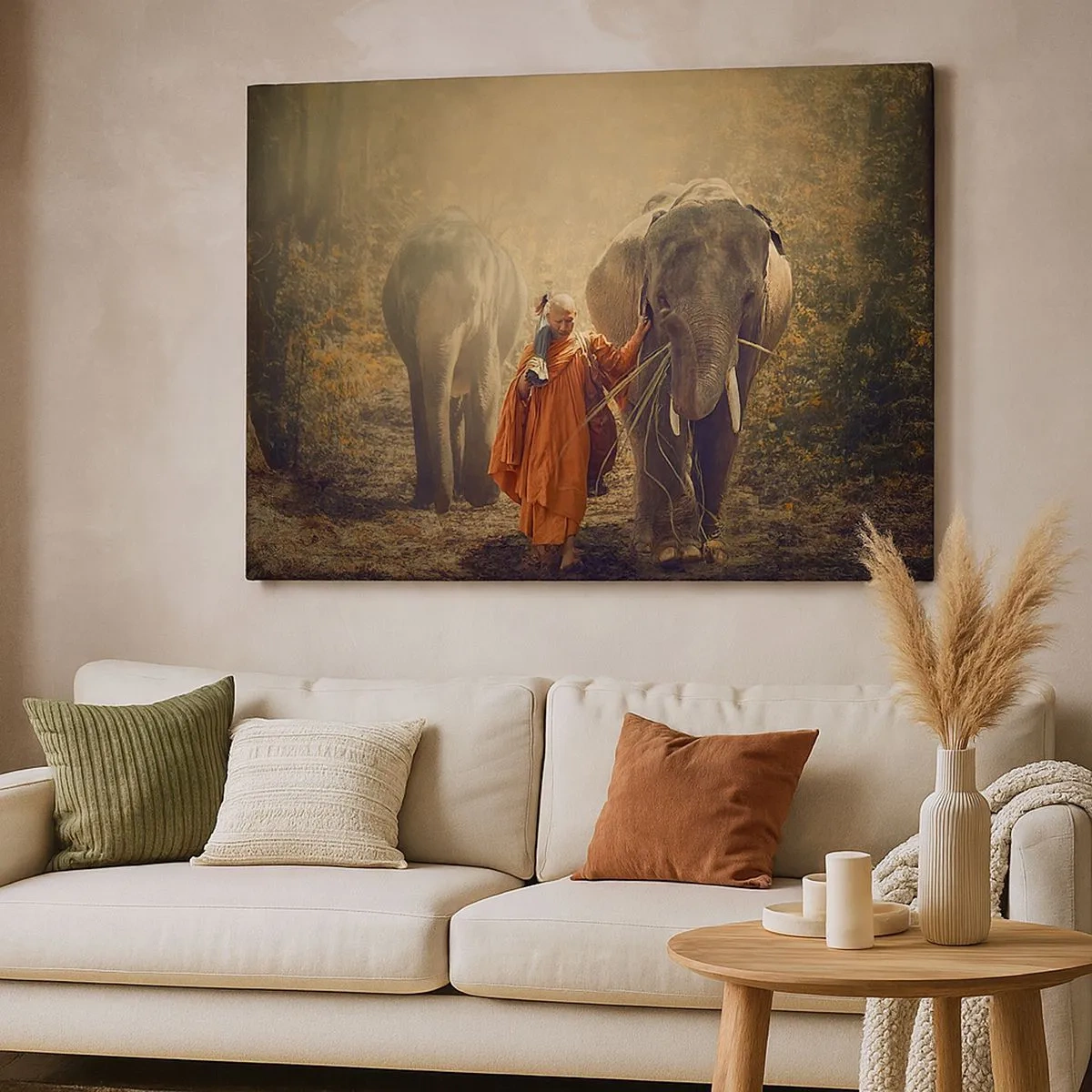 Tablou pe pânză Canvas - Un călugăr într-o robă portocalie conduce un elefant în pădure. - 70x50cm - Înțelegere deplină - Decorațiune modernă pentru perete pentru living și dormitor ARTTOR