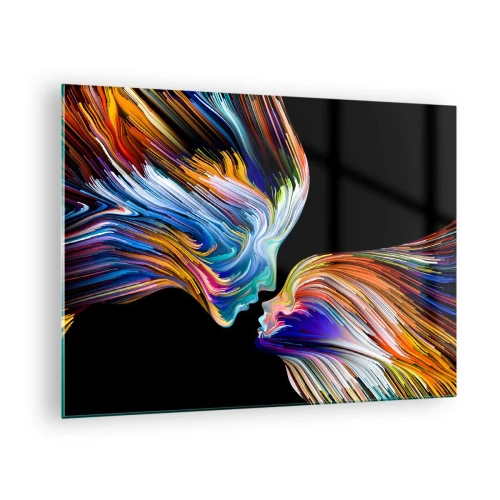 Tablou pe sticlă - O imagine abstractă a două fețe printr-o fuziune de energie și lumină. - 70x50cm - Fuziune de energie și lumină - Decorațiune modernă pentru perete pentru living și dormitor ARTTOR