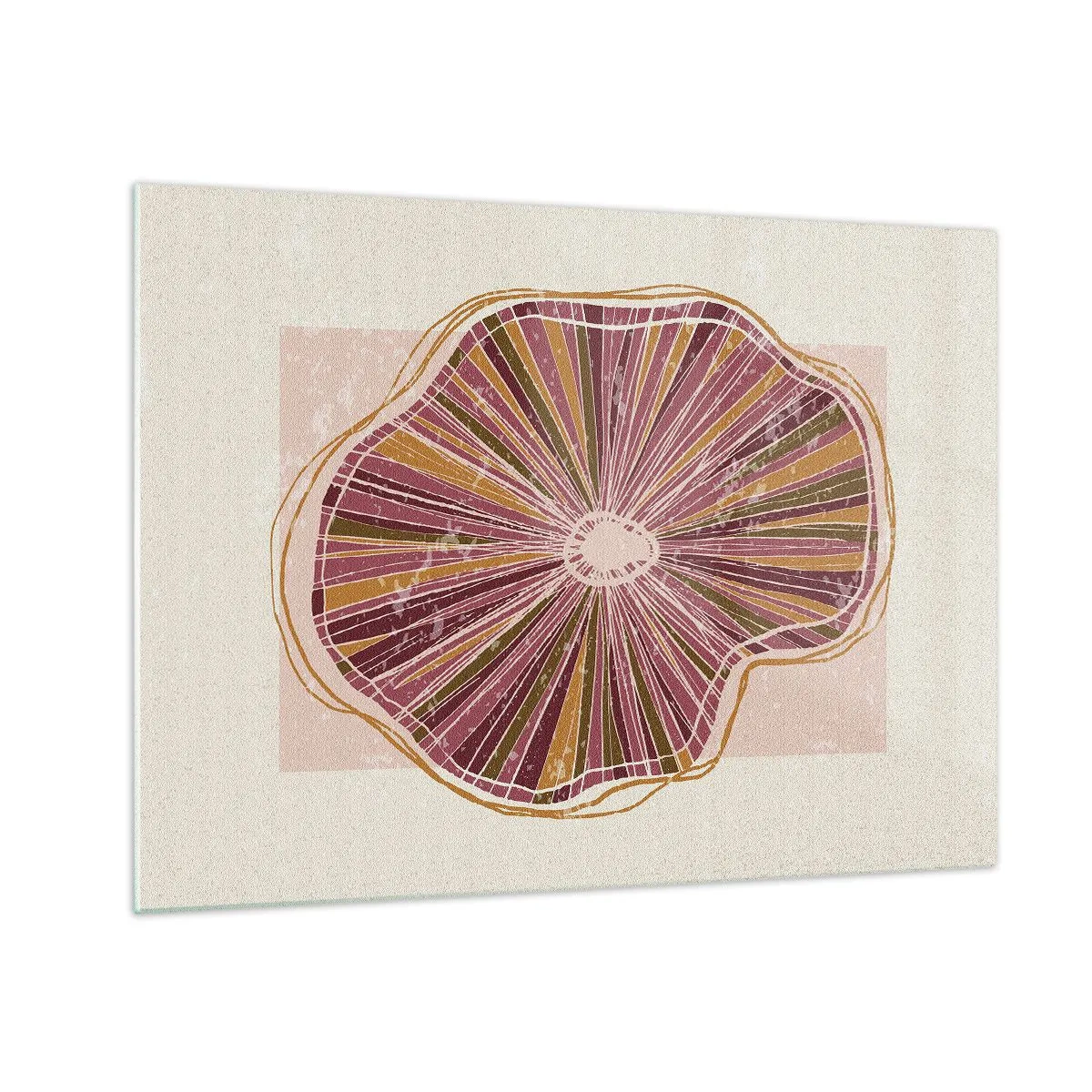 Tablou pe sticlă - O formă organică radiantă în nuanțe de roz și maro - 70x50cm - Abstracția radială - Decorațiune modernă pentru perete pentru living și dormitor ARTTOR