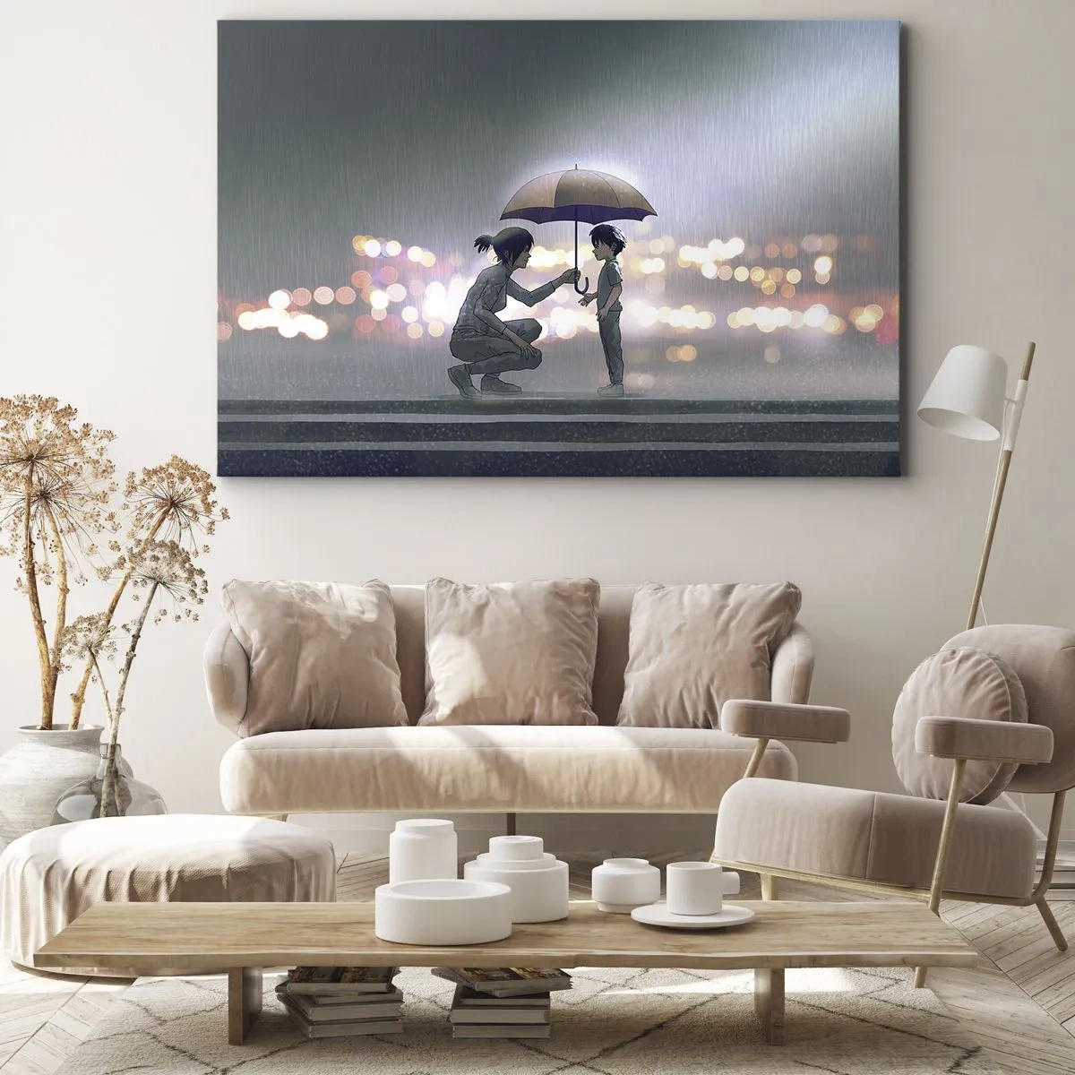 Tablou pe pânză Canvas - O figură cu o umbrelă care protejează un copil pe fundalul luminilor de noapte. - 70x50cm - Și totul este bine acum - Decorațiune modernă pentru perete pentru living și dormitor ARTTOR
