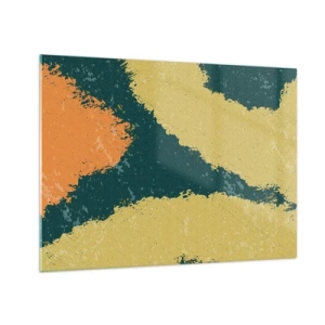 Tablou pe sticlă - O abstracție fluidă în nuanțe de muștar, verde și portocaliu. - 70x50cm - Abstracție - în slow motion - Decorațiune modernă pentru perete pentru living și dormitor ARTTOR