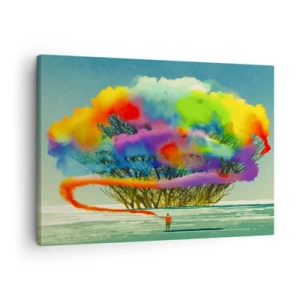 Tablou pe pânză Canvas - O figură cu fum colorat în fundalul unui copac în pustietate - 70x50cm - Aducând această lume la viață - Decorațiune modernă pentru perete pentru living și dormitor ARTTOR