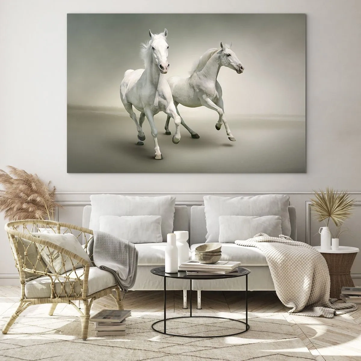Tablou pe sticlă - Doi cai albi alergând pe un fundal luminos - 70x50cm - White power! - Decorațiune modernă pentru perete pentru living și dormitor ARTTOR