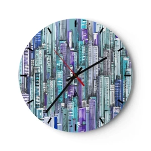 Ceas de perete - Ceas pe sticlă - Zgârie-nori grafici în nuanțe de albastru și violet - 30x30cm - Albastru din cer - Decorațiune modernă pentru perete pentru living, bucătărie și dormitor ARTTOR