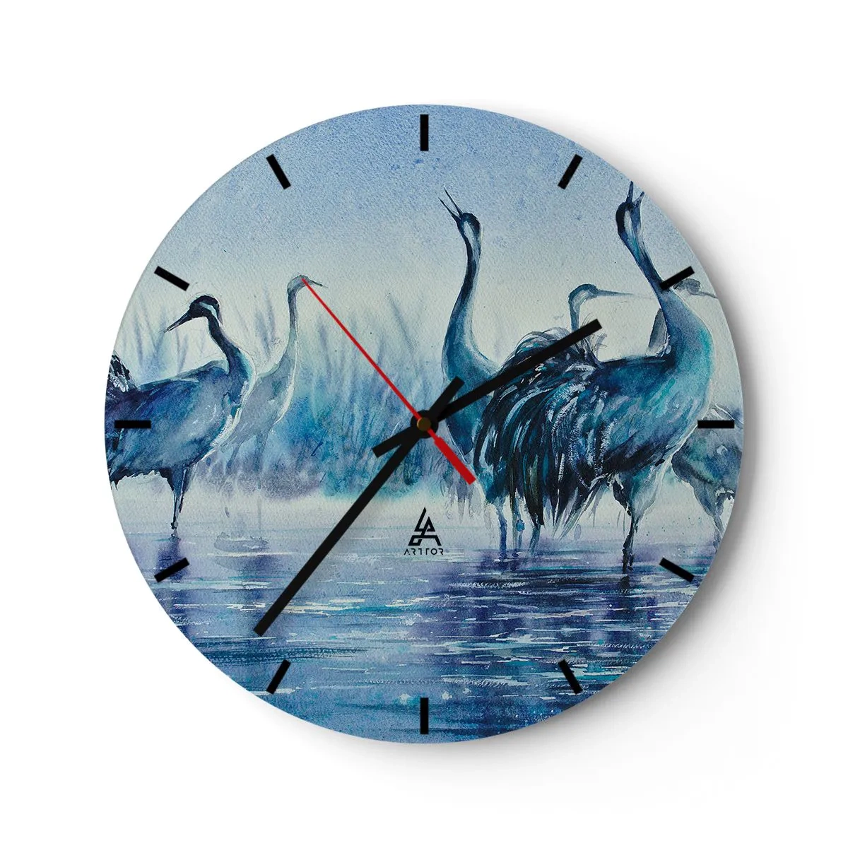 Ceas de perete - Ceas pe sticlă - Pictură în acuarelă cu păsări de apă - 30x30cm - Întâlnirea de dimineață - Decorațiune modernă pentru perete pentru living, bucătărie și dormitor ARTTOR
