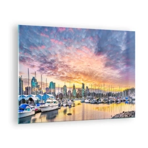 Tablou pe sticlă - Apus de soare peste port cu bărci și zgârie-nori - 70x50cm - Orașul celor o mie de marinari - Decorațiune modernă pentru perete pentru living și dormitor ARTTOR