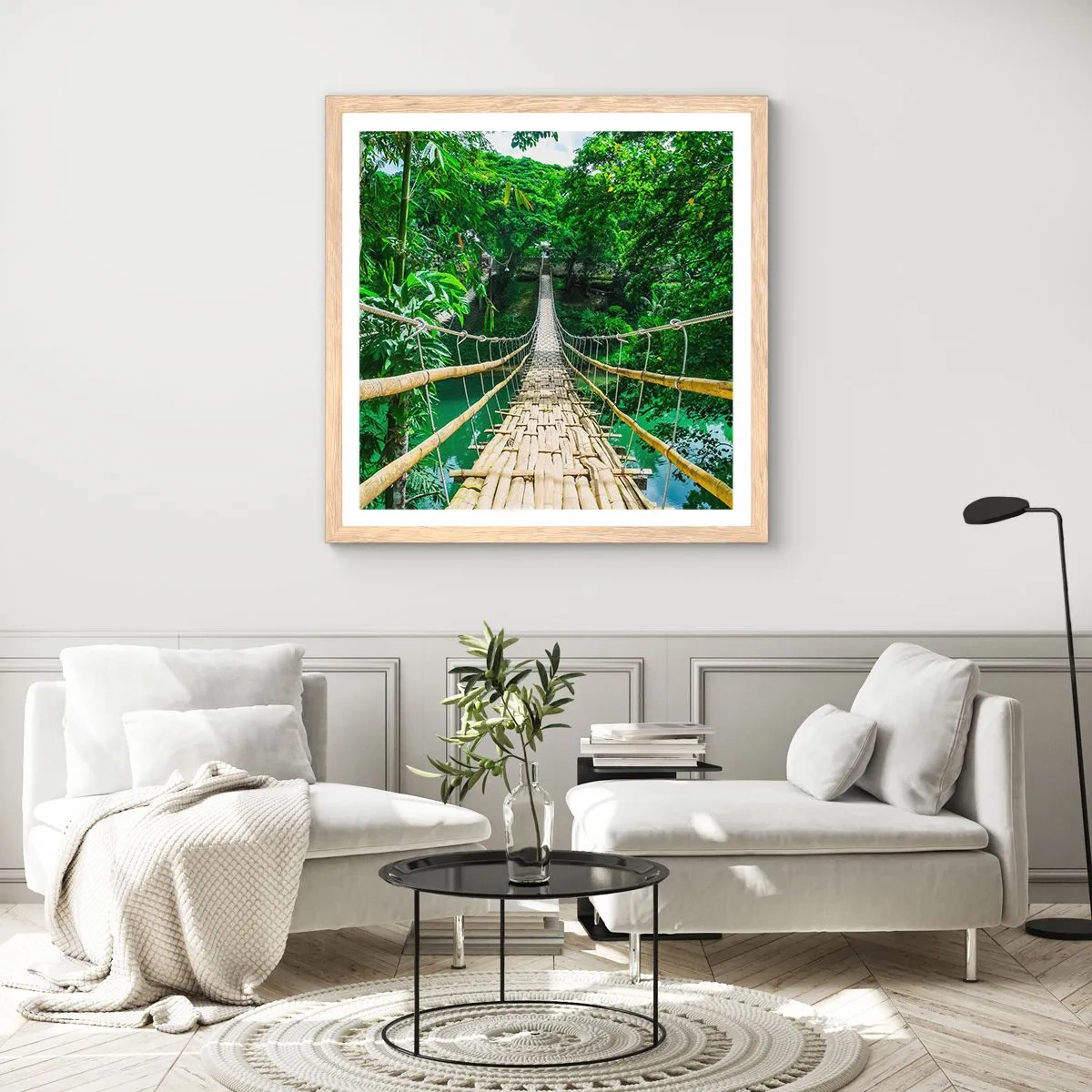 Poster în ramă de stejar deschis - Pod de maimuțe peste verdeață - 50x50 cm