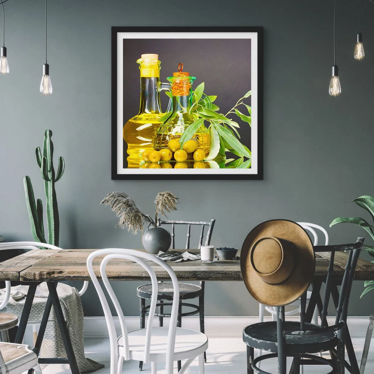 Poster în ramă neagră - Natură moarte cu măsline și ulei - 60x60 cm
