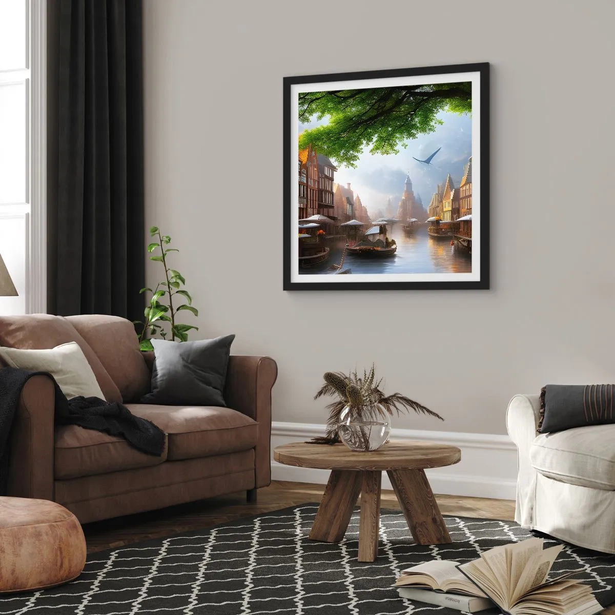 Poster în ramă neagră - Peisaj urban olandez  - 60x60 cm