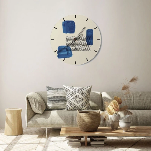 Ceas de perete - Ceas pe sticlă - Compoziție abstractă cu forme și modele albastre - 30x30cm - Cvartet abstract - Decorațiune modernă pentru perete pentru living, bucătărie și dormitor ARTTOR