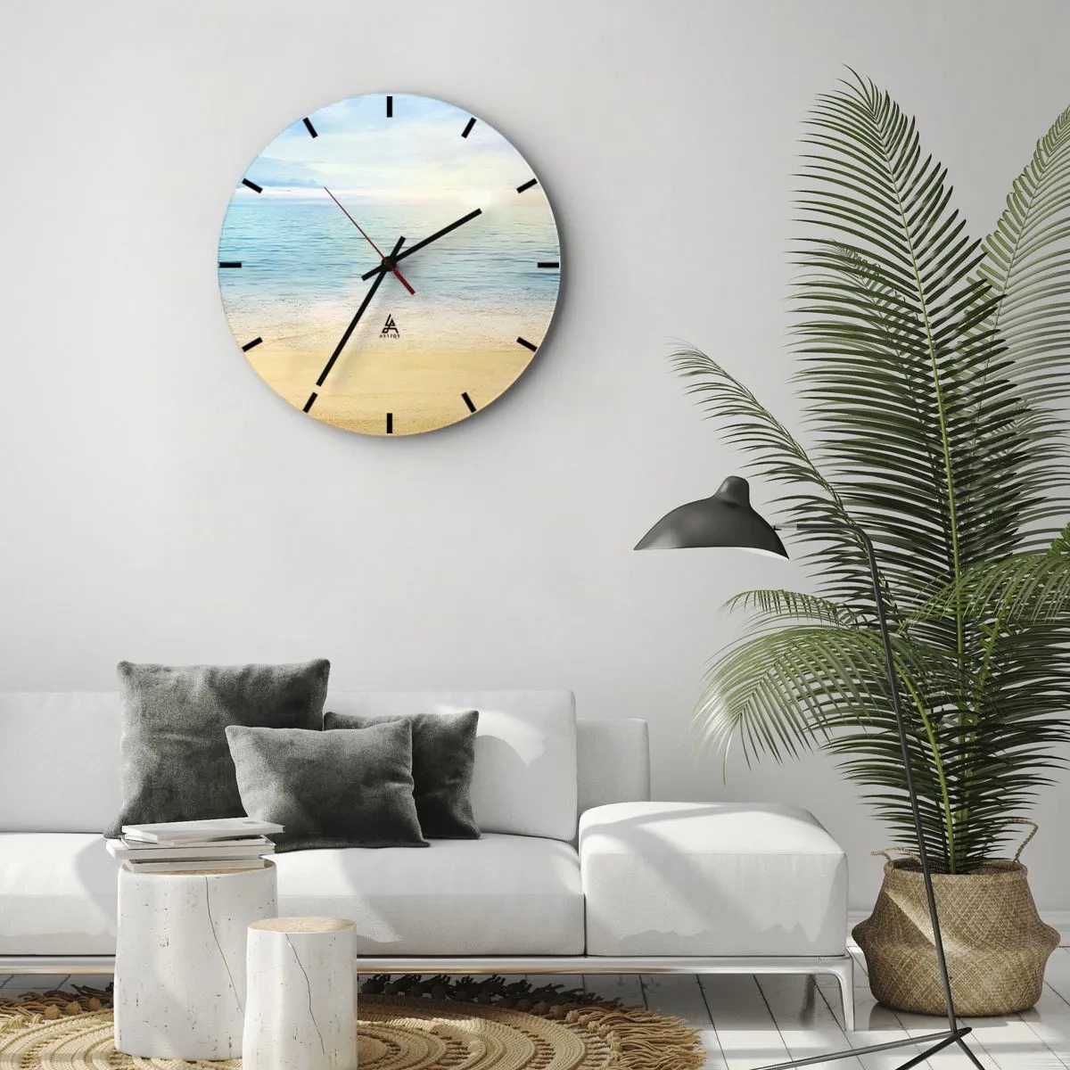 Ceas de perete - Ceas pe sticlă - O plajă liniștită cu mare azurie și cer senin - 30x30cm - Marele albastru - Decorațiune modernă pentru perete pentru living, bucătărie și dormitor ARTTOR