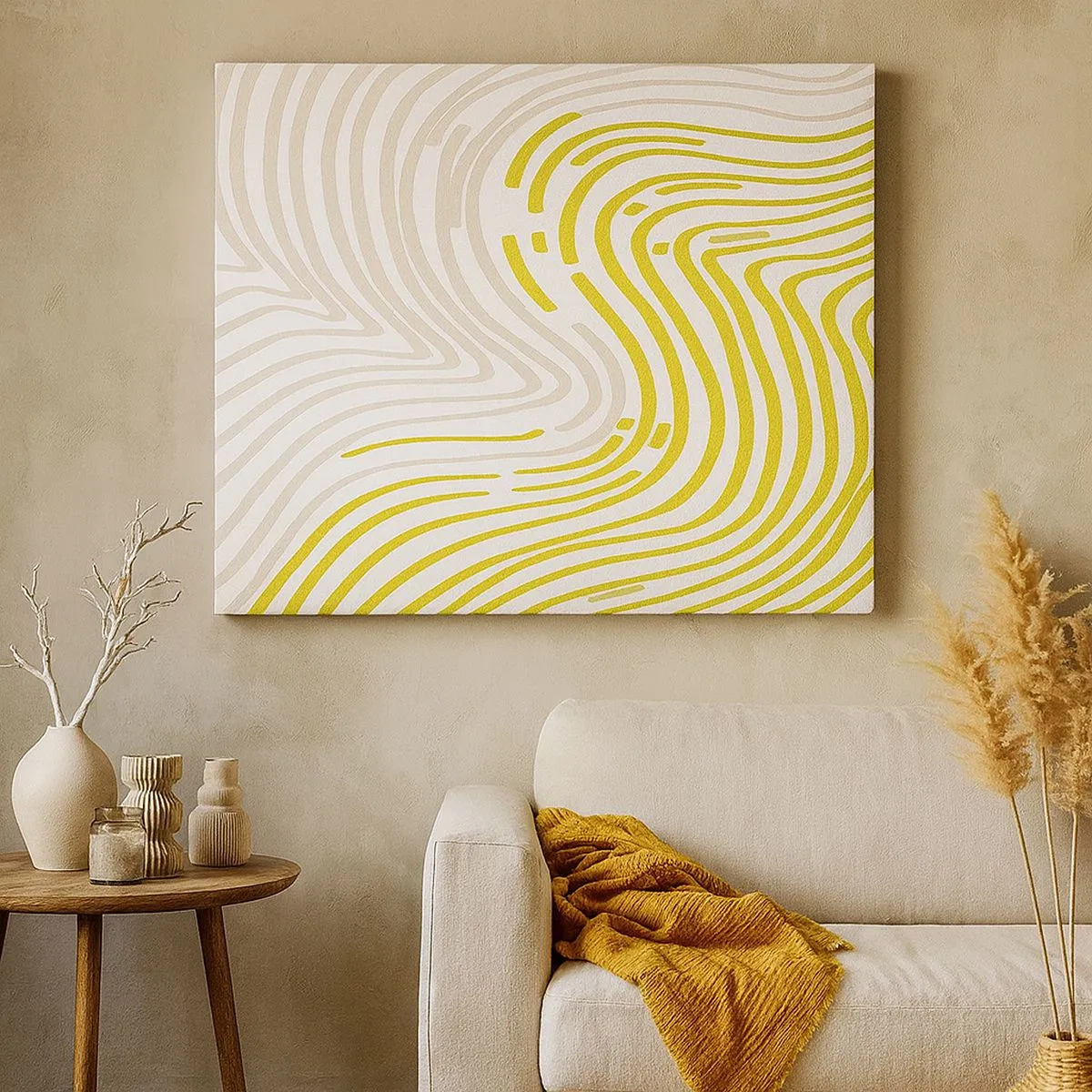 Tablou pe pânză Canvas - Un model abstract cu linii ondulate în nuanțe de galben și bej. - 70x50cm - Compoziție cu cambrare ușoară - Decorațiune modernă pentru perete pentru living și dormitor ARTTOR