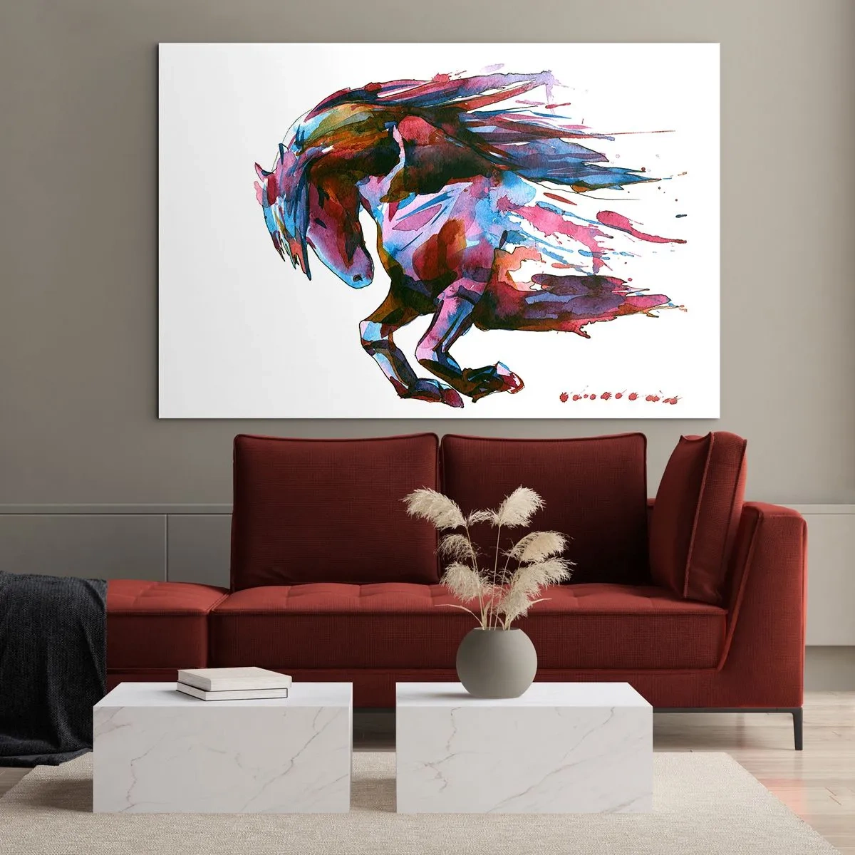 Tablou pe sticlă - Cal abstract într-o compoziție dinamică de culori - 70x50cm - În exaltare - Decorațiune modernă pentru perete pentru living și dormitor ARTTOR