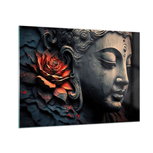 Tablou pe sticlă - Profilul unei figuri care meditează, cu o floare roșie pe un fundal întunecat. - 70x50cm - În ton cu lumea - Decorațiune modernă pentru perete pentru living și dormitor ARTTOR