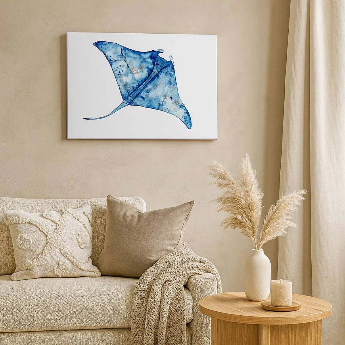 Tablou pe pânză Canvas - Stingray albastru în stil acuarelă pe fundal alb - 70x50cm - Viața în albastru - Decorațiune modernă pentru perete pentru living și dormitor ARTTOR