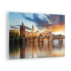 Tablou pe sticlă - Podul Carol la apus, cu clădiri pitorești în fundal - 70x50cm - Frumoasă pentru veacuri - Decorațiune modernă pentru perete pentru living și dormitor ARTTOR
