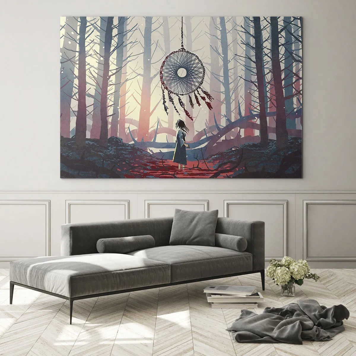 Tablou pe sticlă - O siluetă din pădure privește un captor de vise mare care plutește în aer. - 70x50cm - Ritualul secret al fericirii - Decorațiune modernă pentru perete pentru living și dormitor ARTTOR