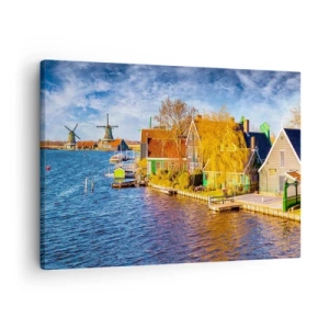 Tablou pe pânză Canvas - Case pitorești și mori de vânt lângă apă - 70x50cm - Neschimbat de secole - Decorațiune modernă pentru perete pentru living și dormitor ARTTOR