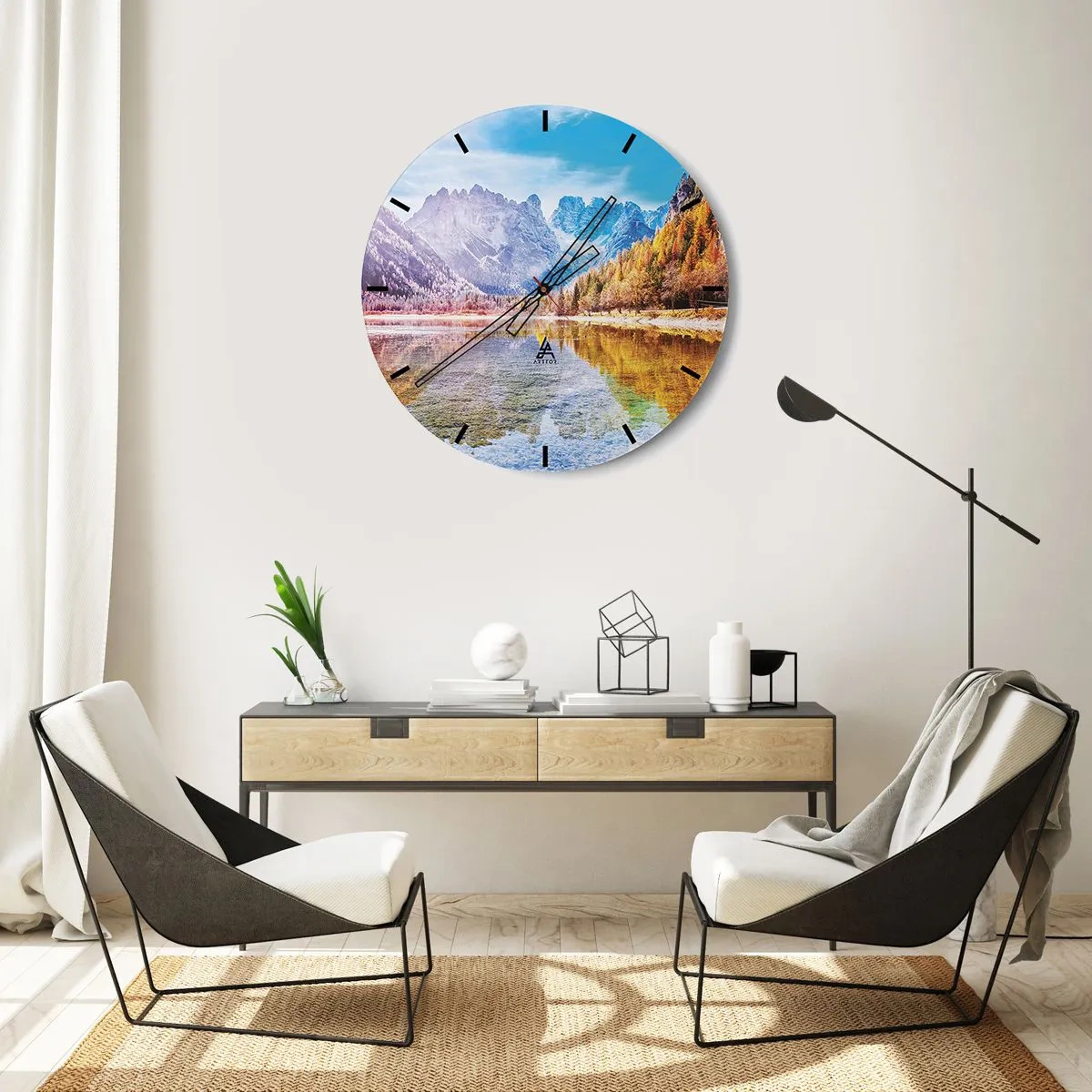 Ceas de perete - Ceas pe sticlă - Un peisaj montan cu o pădure de toamnă reflectată pe suprafața lacului - 30x30cm - Iar în munți începe toamna - Decorațiune modernă pentru perete pentru living, bucătărie și dormitor ARTTOR