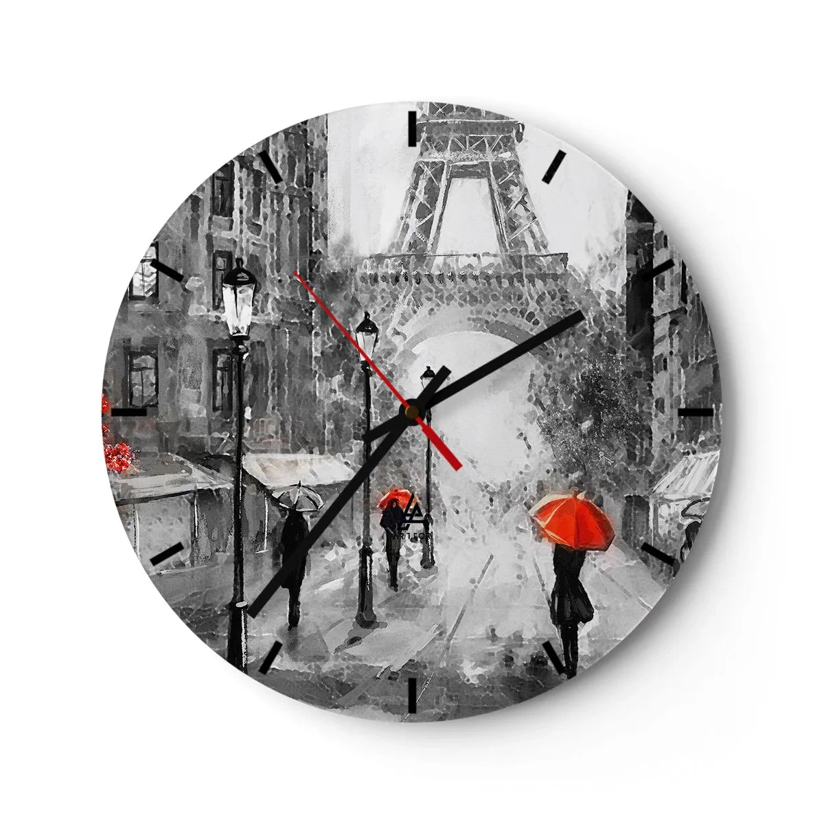 Ceas de perete - Ceas pe sticlă - Stradă alb-neagră cu Turnul Eiffel și umbrele roșii - 30x30cm - Toate drumurile duc la el - Decorațiune modernă pentru perete pentru living, bucătărie și dormitor ARTTOR