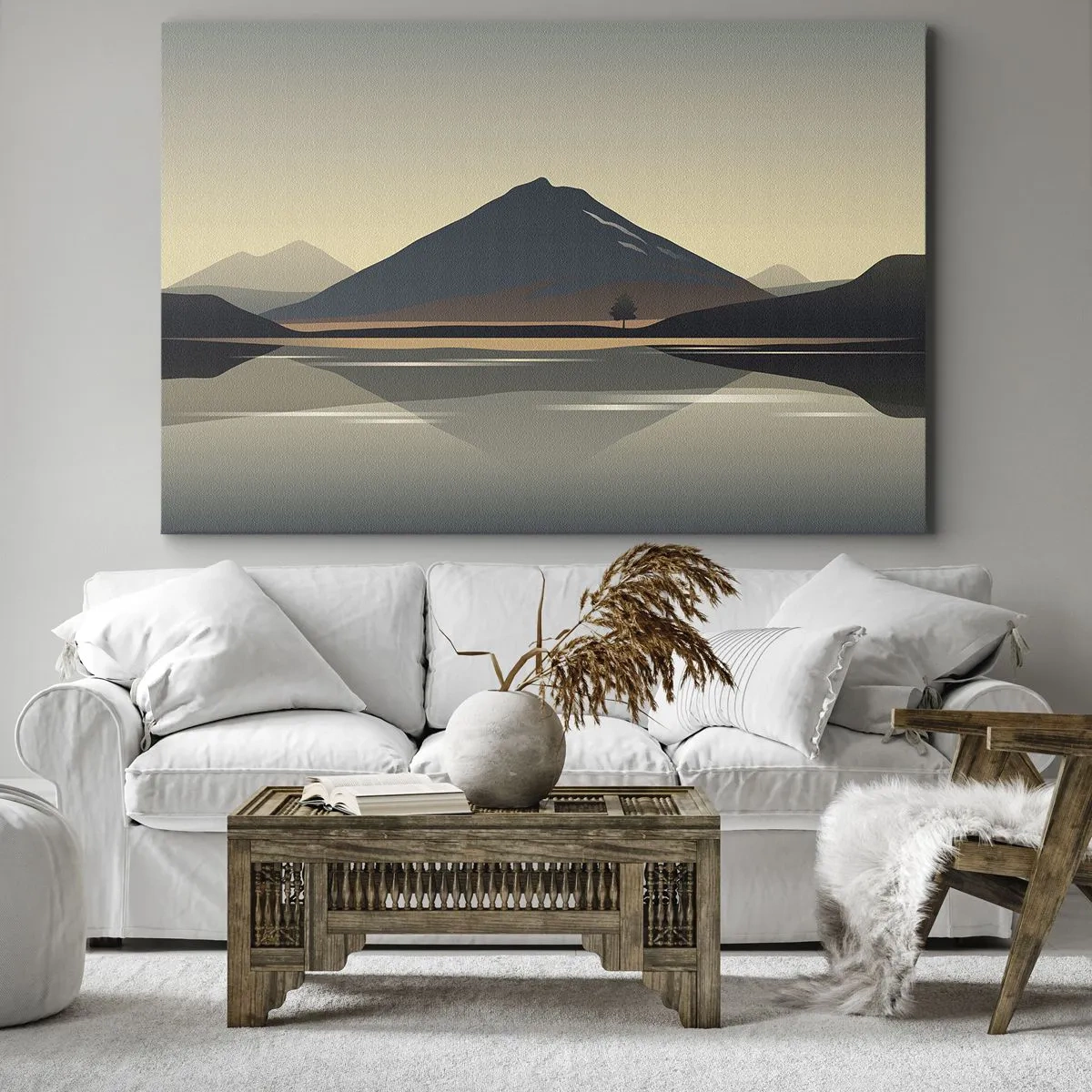 Tablou pe pânză Canvas - Peisaj montan minimalist cu reflexie în apă - 70x50cm - În oglindă - Decorațiune modernă pentru perete pentru living și dormitor ARTTOR