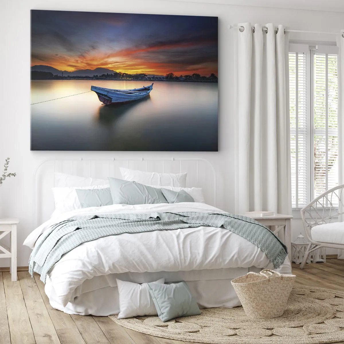 Tablou pe pânză Canvas - O barcă pe apă în timpul unui apus pitoresc - 70x50cm - O noapte bună înainte - Decorațiune modernă pentru perete pentru living și dormitor ARTTOR