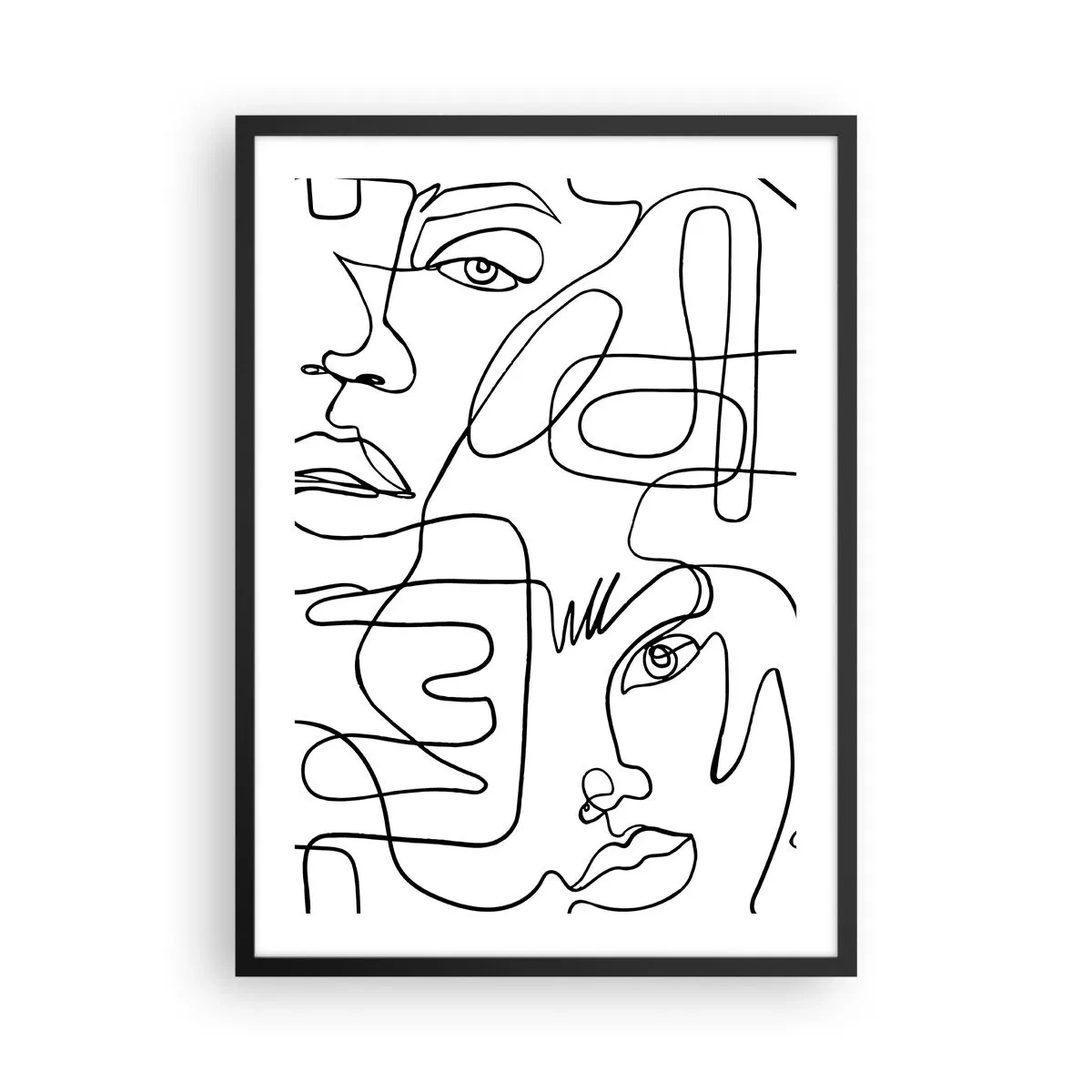 Poster în ramă neagră - Fețe abstracte desenate cu o singură linie - 50x70cm - Într-o încurcătură de emoții - Decorațiune modernă pentru perete pentru living și dormitor ARTTOR
