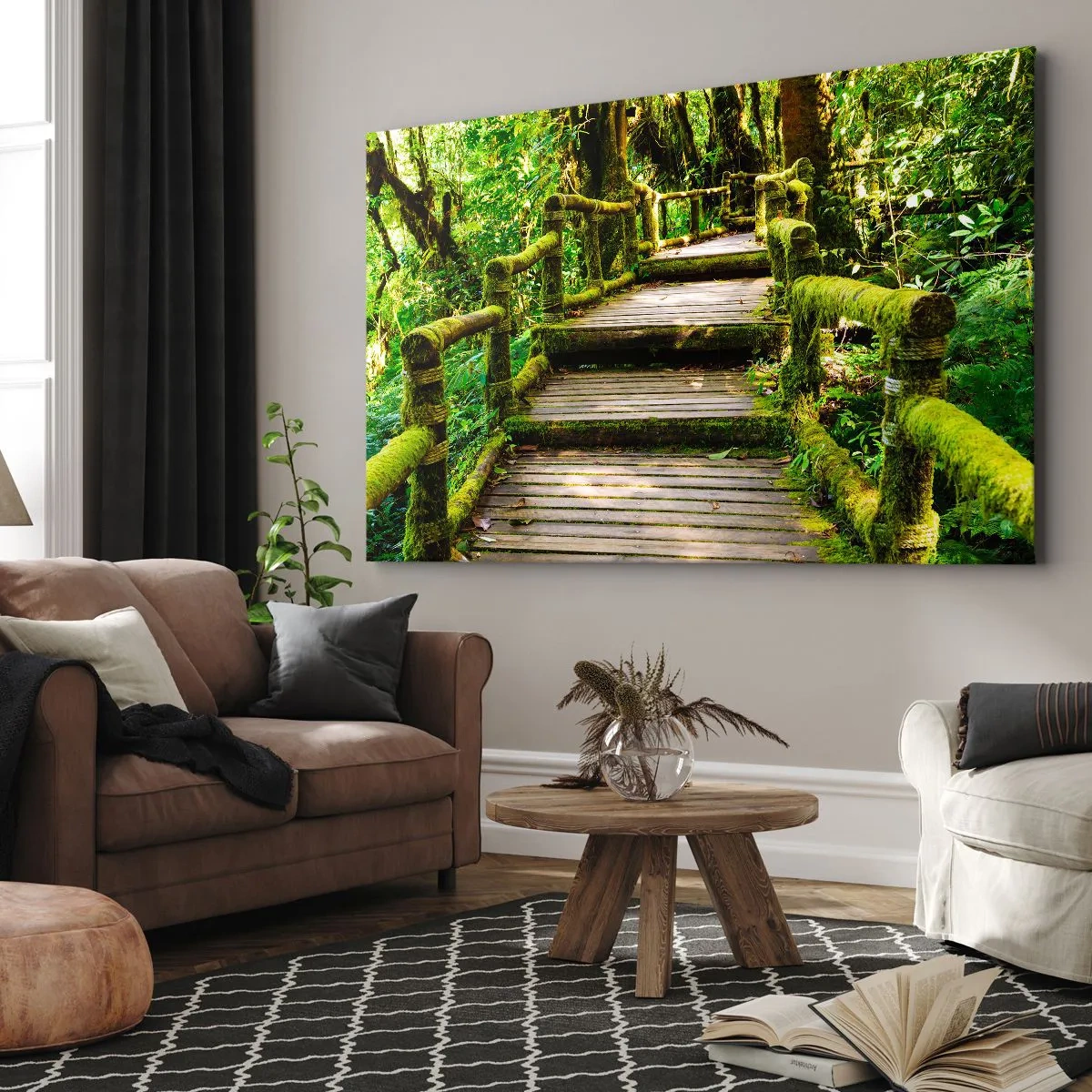Tablou pe pânză Canvas - Un pod de lemn acoperit cu mușchi într-o pădure tropicală - 70x50cm - Coridorul verde - Decorațiune modernă pentru perete pentru living și dormitor ARTTOR