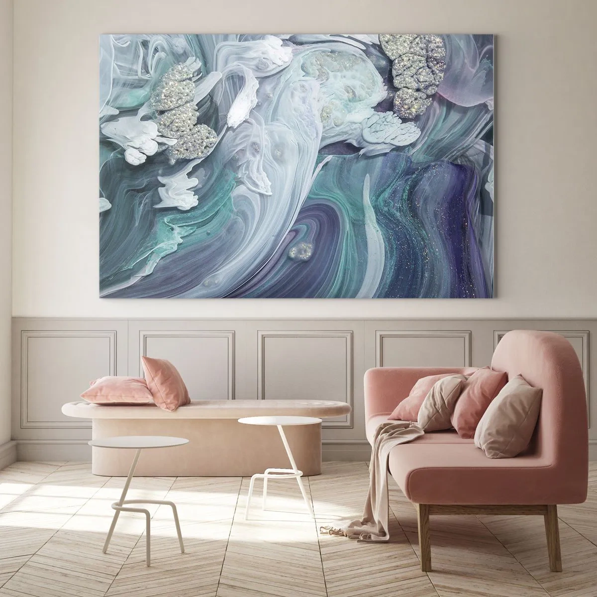 Tablou pe sticlă - O compoziție abstractă în nuanțe de albastru, violet și alb. - 70x50cm - Râuri de albastru - Decorațiune modernă pentru perete pentru living și dormitor ARTTOR