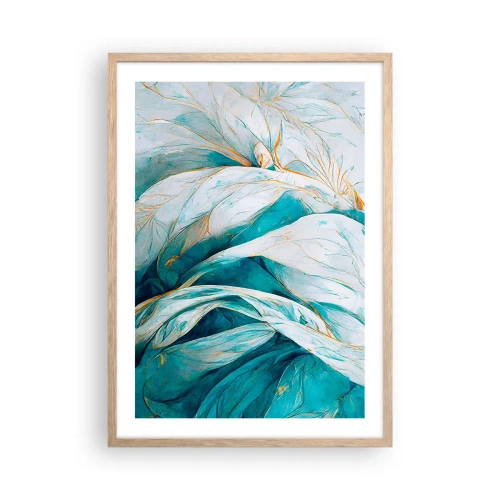 Poster în ramă de stejar deschis - Abstractul albastru cu motiv auriu - 50x70 cm