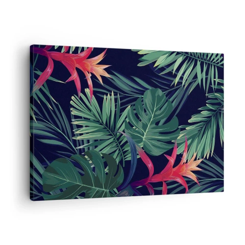 Tablou pe pânză Canvas - Frunze și flori tropicale pe un fundal întunecat - 70x50cm - Flacăra verde - Decorațiune modernă pentru perete pentru living și dormitor ARTTOR