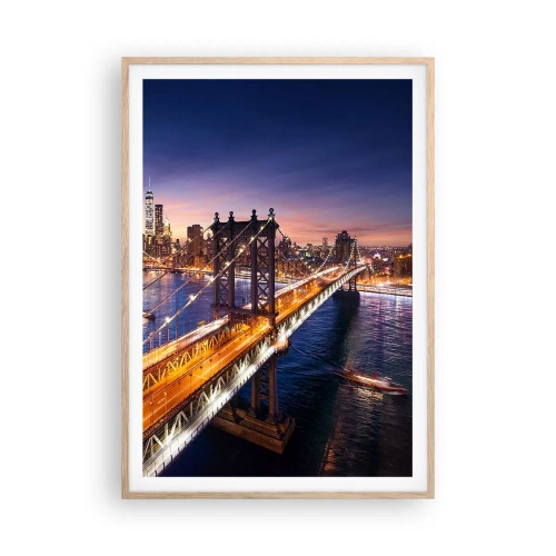 Poster în ramă de stejar deschis - Pe un pod luminos către inima orașului - 70x100 cm