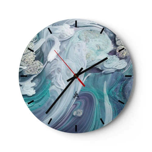 Ceas de perete - Ceas pe sticlă - O compoziție abstractă în albastru și turcoaz cu sclipici. - 30x30cm - Râuri de albastru - Decorațiune modernă pentru perete pentru living, bucătărie și dormitor ARTTOR