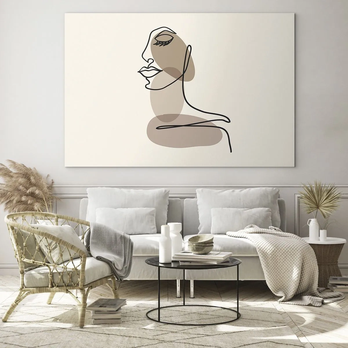 Tablou pe sticlă - Portretul unei fețe de femeie într-un stil minimalist, abstract - 70x50cm - Ascultându-se pe sine - Decorațiune modernă pentru perete pentru living și dormitor ARTTOR