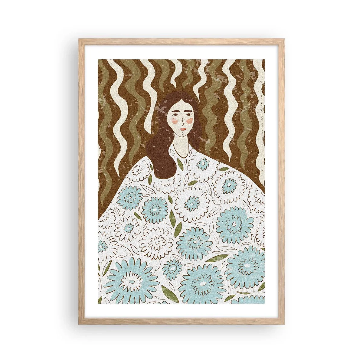 Poster în ramă de stejar deschis - Portret în rochie înflorată - 50x70 cm
