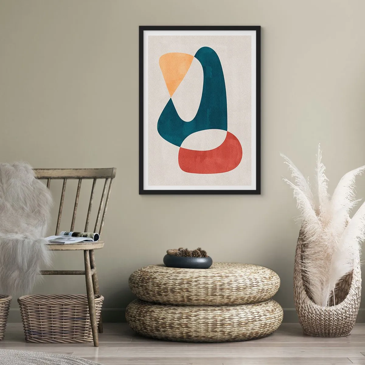Poster în ramă neagră - O compoziție abstractă de forme geometrice în culori calde. - 50x70cm - Influențe și metamorfoze - Decorațiune modernă pentru perete pentru living și dormitor ARTTOR