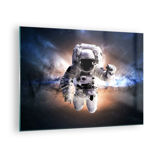 Tablou pe sticlă - Astronautul în spațiu cu o galaxie în fundal - 70x50cm - Salutări din spațiul cosmic - Decorațiune modernă pentru perete pentru living și dormitor ARTTOR