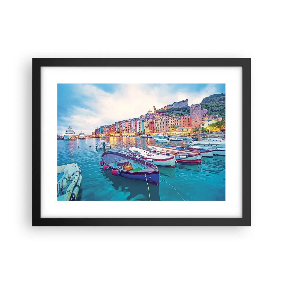 Poster în ramă neagră - O seară plină de culoare în port - 40x30 cm