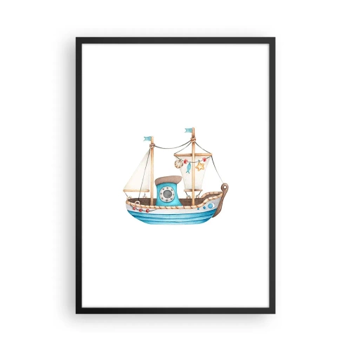 Poster în ramă neagră - Navă în acuarelă în nuanțe pastelate de albastru și bej - 50x70cm - Ahoy aventura! - Decorațiune modernă pentru perete pentru living și dormitor ARTTOR