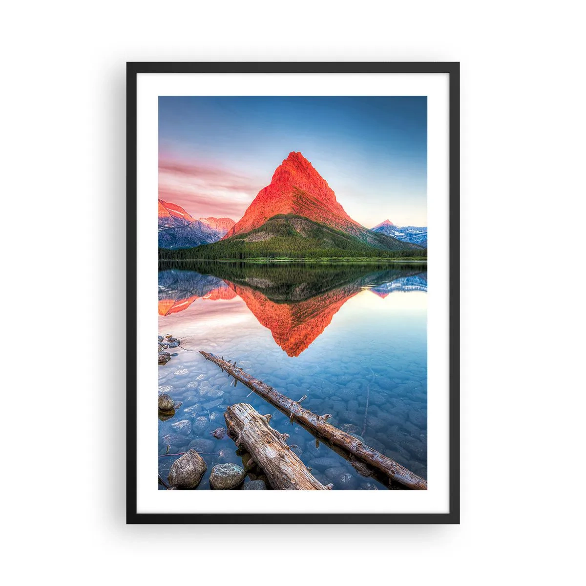 Poster în ramă neagră - Un munte reflectat într-un lac liniștit - 50x70cm - Căldură și frig - Decorațiune modernă pentru perete pentru living și dormitor ARTTOR