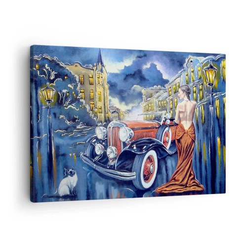 Tablou pe pânză Canvas - O femeie într-o rochie elegantă lângă o mașină retro noaptea - 70x50cm - Nocturne în albastru și coral - Decorațiune modernă pentru perete pentru living și dormitor ARTTOR
