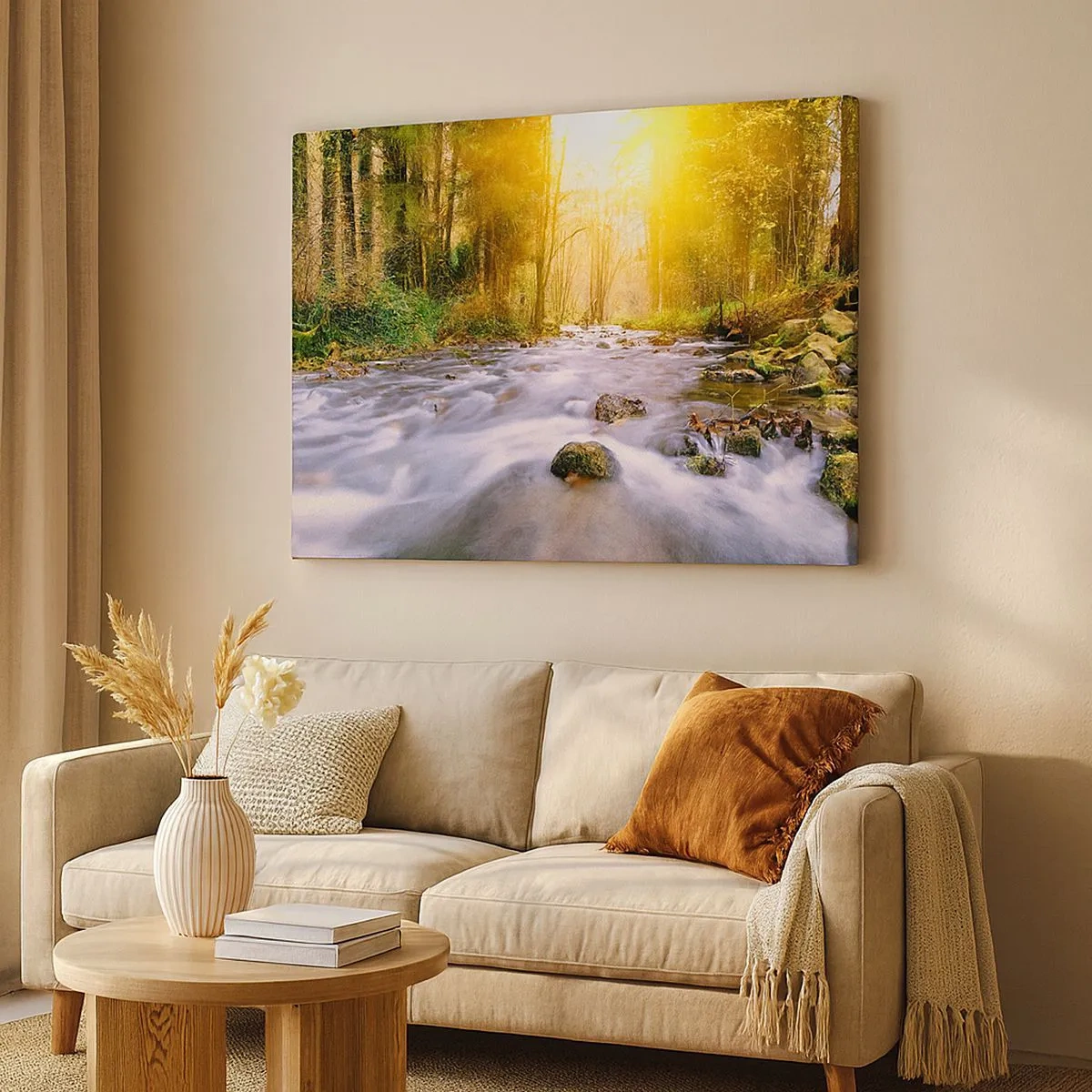 Tablou pe pânză Canvas - Un pârâu de pădure luminat de razele soarelui - 70x50cm - Malachit în rame de argint și aur - Decorațiune modernă pentru perete pentru living și dormitor ARTTOR