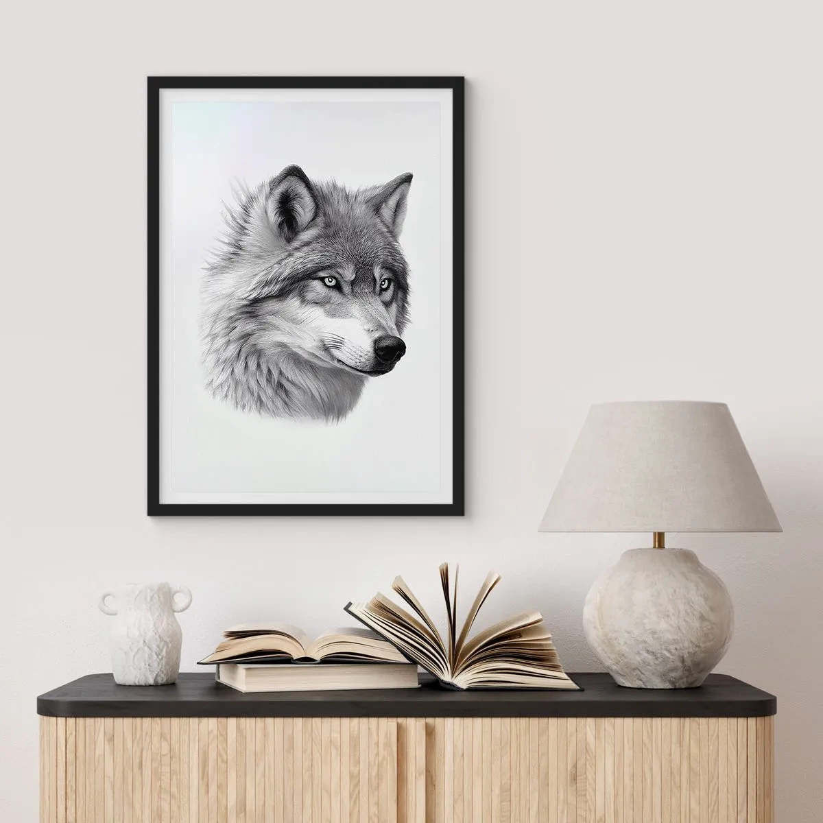 Poster în ramă neagră - Un portret realist al unui lup în nuanțe de gri. - 50x70cm - Alfa - fără îndoială - Decorațiune modernă pentru perete pentru living și dormitor ARTTOR