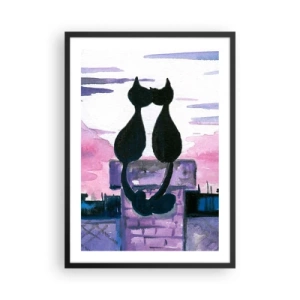 Poster în ramă neagră - Două pisici negre pe un cer roz-violet - 50x70cm - Rendez-vous sub lună - Decorațiune modernă pentru perete pentru living și dormitor ARTTOR