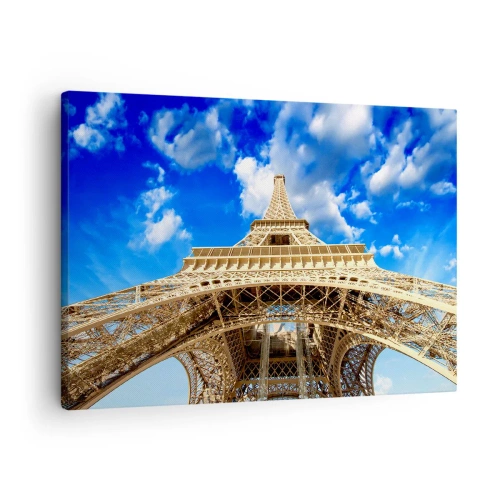 Tablou pe pânză Canvas - Turnul Eiffel de jos în sus, pe un cer albastru - 70x50cm - Atingând cerul și norii - Decorațiune modernă pentru perete pentru living și dormitor ARTTOR