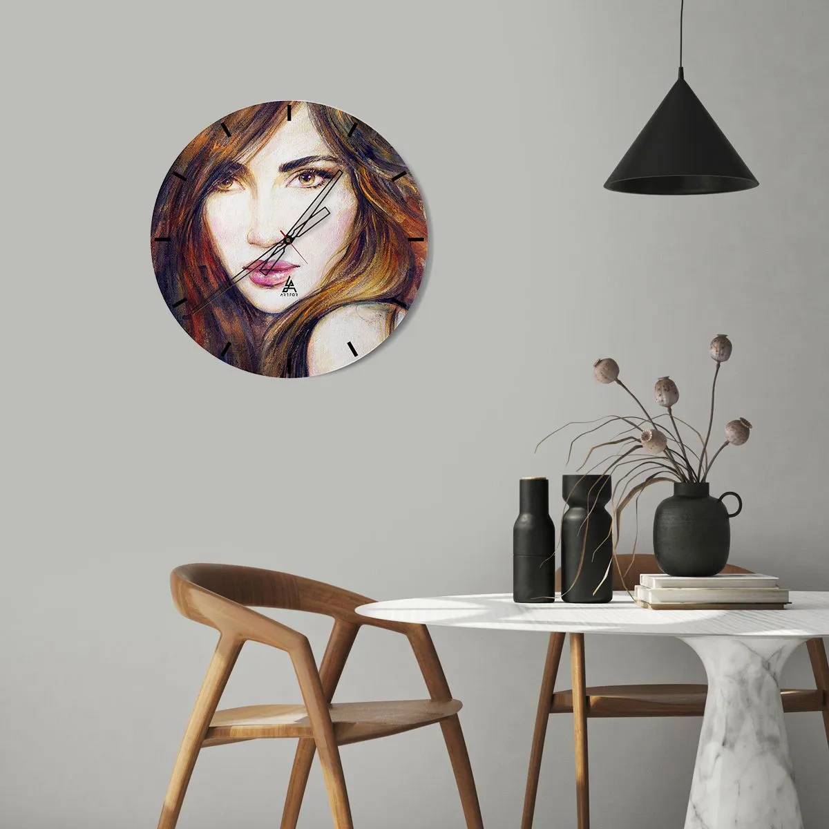Ceas de perete - Ceas pe sticlă - Portret de femeie într-un stil artistic, pictural - 30x30cm - Un bănuț pentru gândurile tale - Decorațiune modernă pentru perete pentru living, bucătărie și dormitor ARTTOR